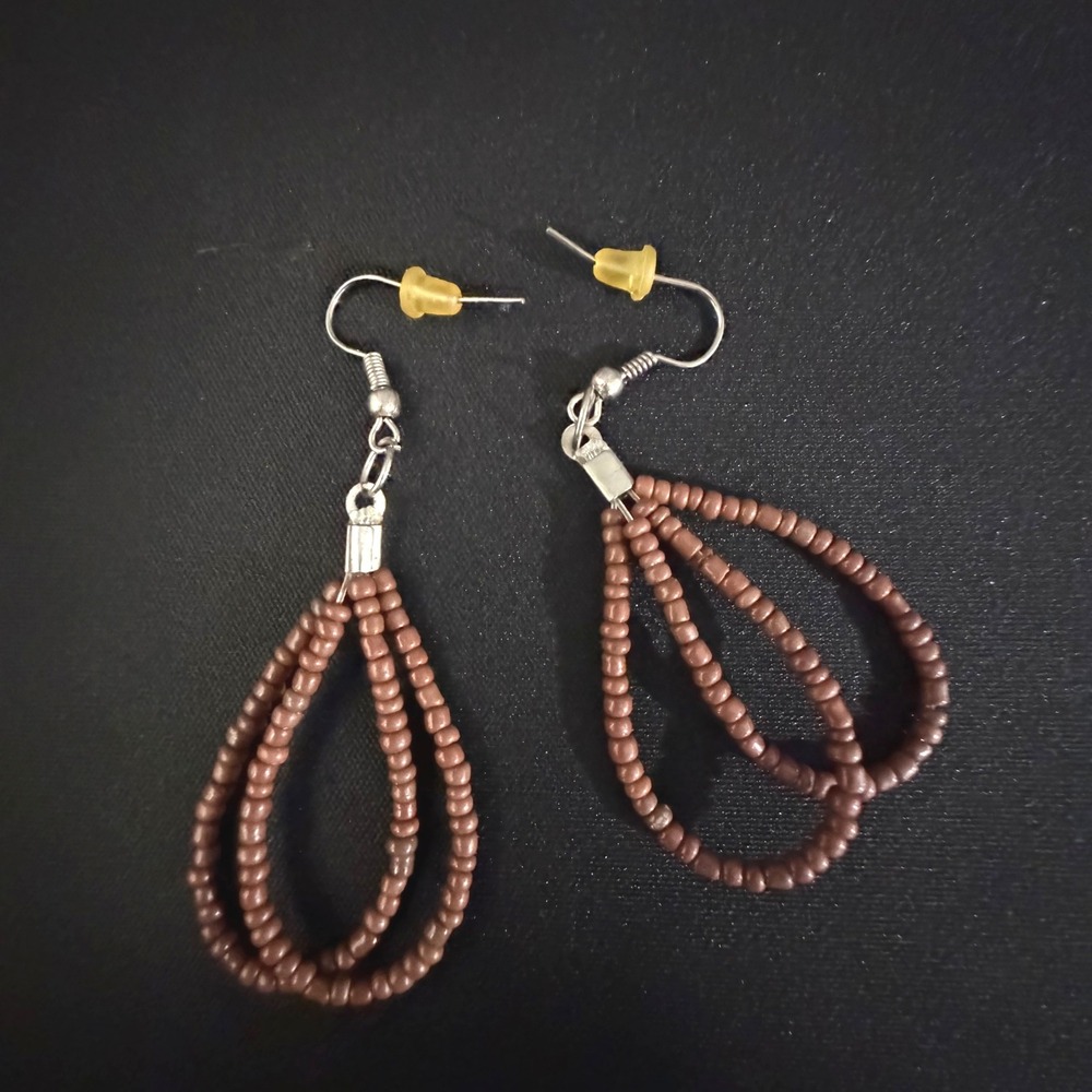 Handmade Beaded Necklace and Teardrop Earrings Set Brown Gold Tone - Picture 3 of 14